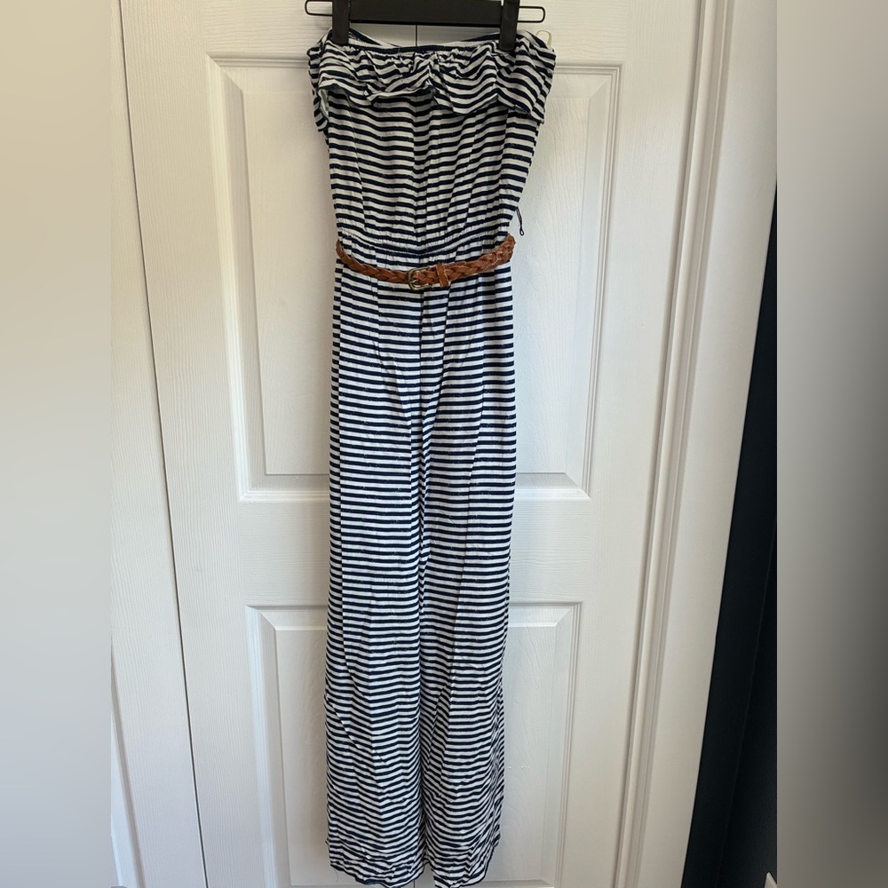 Striped Navy and White dresswith Braided Tan Belt
